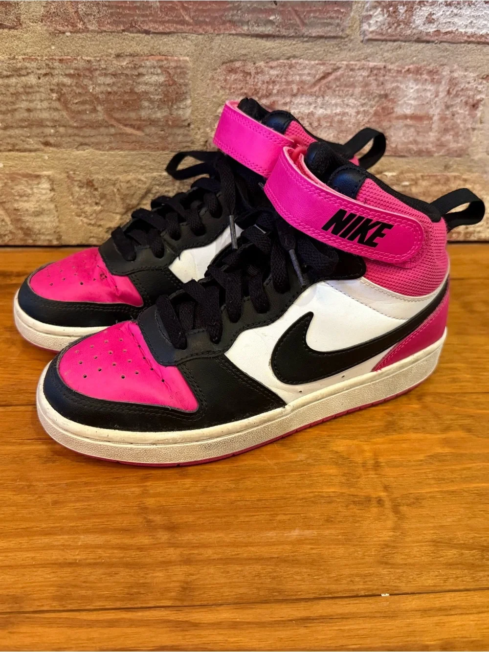 Kids Nike Pink Black & White High-Top Sneakers with Velcro Strap